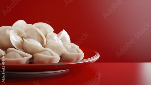 3d rendering, a plate of dumplings close-up, red background, large area of white space, fresh and clean picture