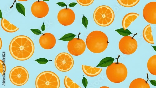 Seamless pattern of oranges and orange slices, flat vector style, background color light blue