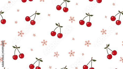 Seamless pattern of cherries and tiny blossoms, flat vector style, background color of small-scalef-white