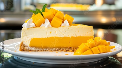 A slice of mango cheesecake, with layers of creamy filling and chunks of fresh mango topping a buttery graham cracker crust, offering a decadent and indulgent dessert option