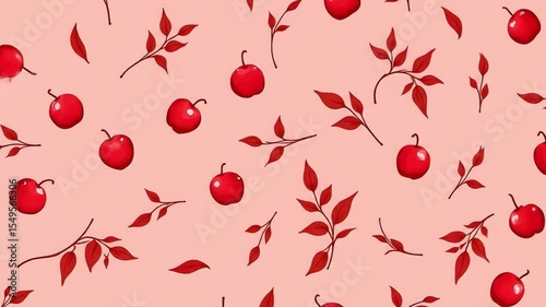 Seamless pattern of cranberries and leaves, flat vector style, background color pale red