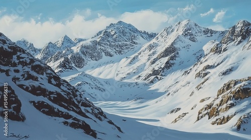 Realistic landscape painting of a mountain range, detailed textures of rocks and snow, with soft lighting casting long shadows.