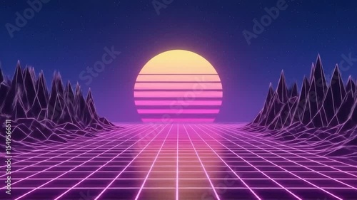 Abstract Retro Landscape Animation with Glowing Grid and Sunset