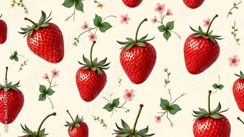 seamless pattern of strawberries on vintage floral fabric texture background