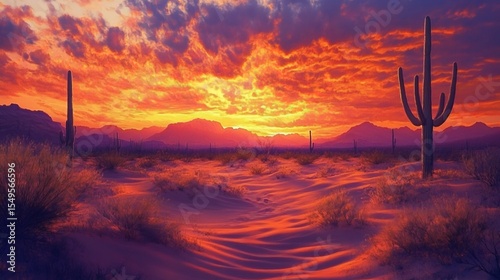 Realistic landscape painting of a desert at sunset, vibrant oranges and reds blending in the sky, with detailed textures of sand dunes and cacti.