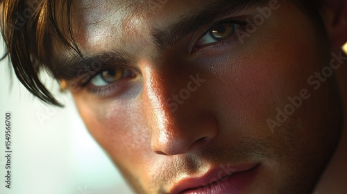 Realistic close-up of a man with soft brown hair, deep brown eyes, and radiant skin, his expression thoughtful and serene.
