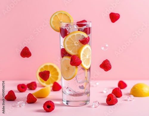 the image features a tall glass filled with a fizzy, pale liquid, ice, and fruit slices, a thin lemon slice rests on the rim, with raspberries and lemon slices inside the glass