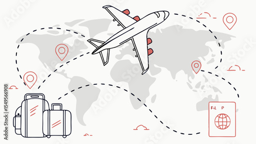 Airplane Flight Route with Luggage and Passport Illustration.