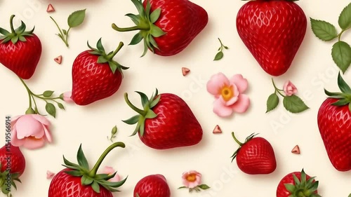 seamless pattern of red strawberries on vintage floral fabric texture background