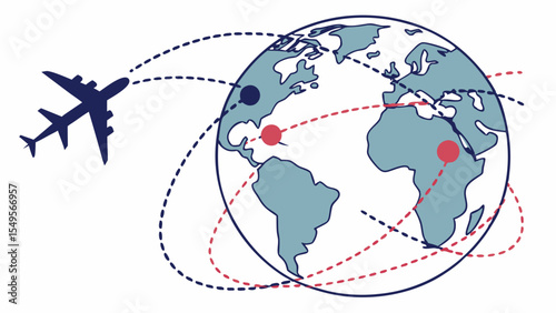 Airplane flying around the world with dotted lines and destination points.