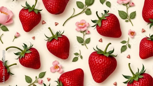 seamless pattern of slide left to right  strawberries on vintage floral fabric texture background