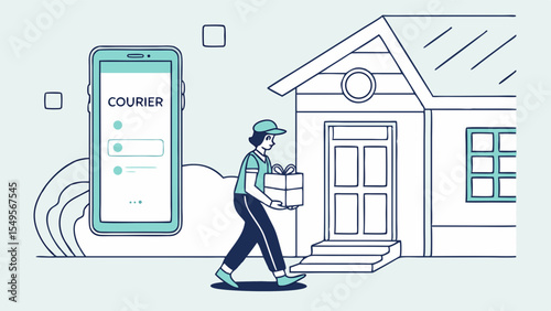 Courier delivering a gift box to a house tracked by a mobile app.