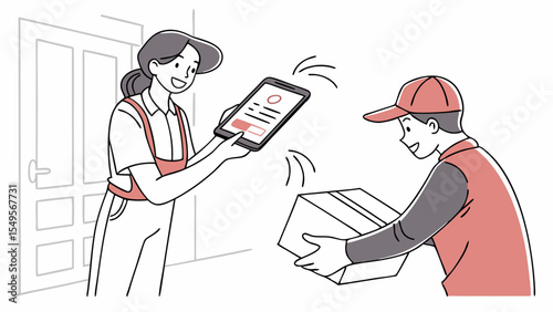 Delivery person handing package to customer with digital tablet confirmation.