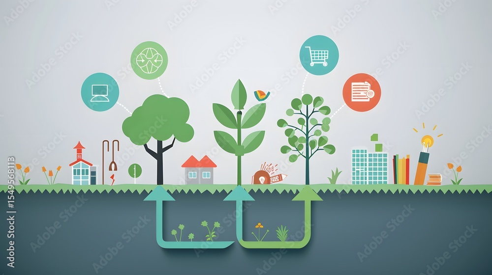Fototapeta premium Sustainable living ecosystem with interconnected elements and underground water cycle