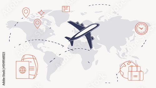 Global Travel Itinerary with Airplane Passport and Luggage.