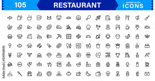 Professional Restaurant Icon Collection Featuring Food, Dining, Chef, Menu, and Kitchen Tools in a Clean, Marketable Vector Format for Stock Use