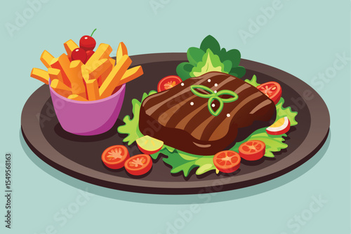Delicious chocolate cake with fresh cherries and strawberries on a plate