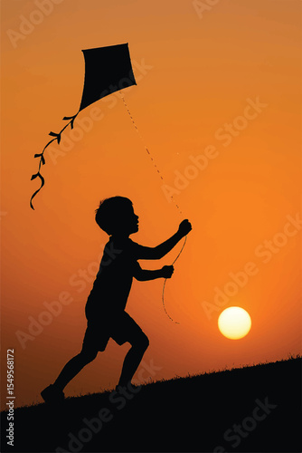 A boy runs and plays with a kite during a vibrant sunset