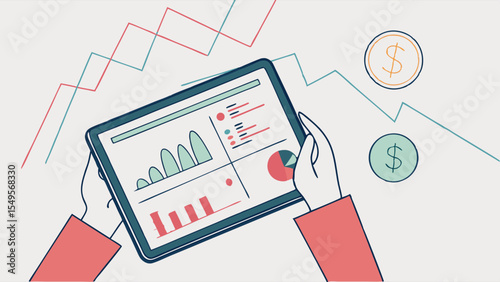 Hands Holding Tablet with Financial Data and Charts.