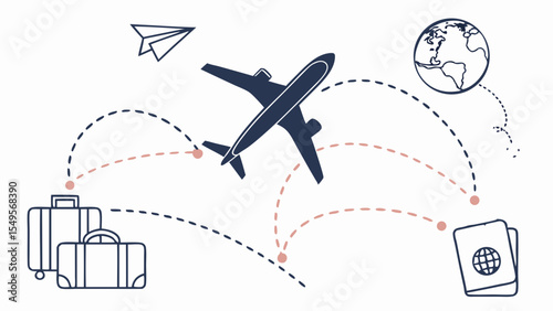 Illustrated Airplane Suitcases Passport and Globe Representing Travel.