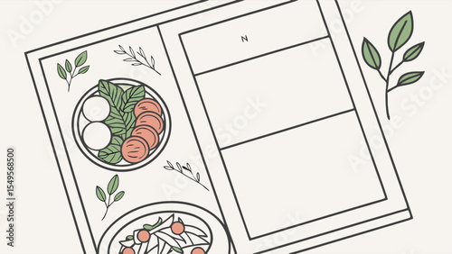 Illustrated meal planner with food drawings and blank sections.