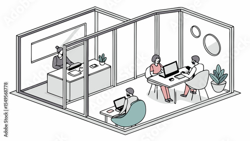 Isometric Illustration of Modern Office Space with Workers.