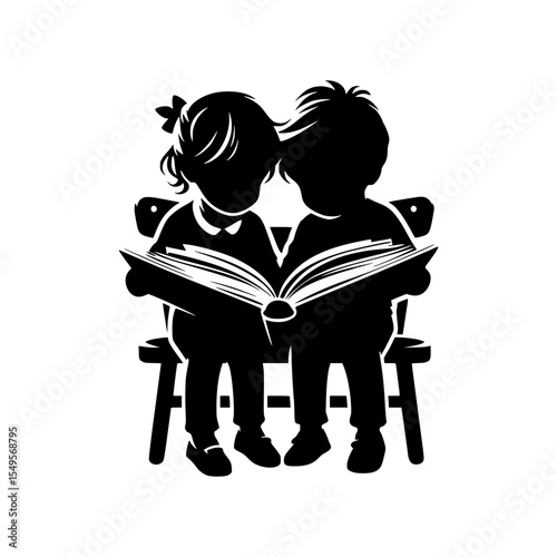 Two children sharing a book on a bench