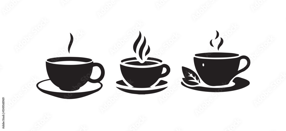 Obraz premium Hot Coffee Mugs, White and Black, Simple Design, tea cups vector icon collection. Cup hot icons design, vector illustration eps 10.