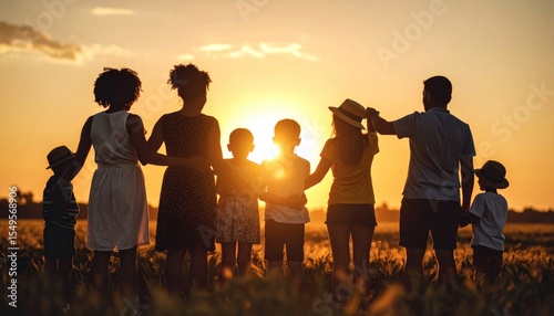 Harmonious multigenerational family silhouette enjoying vibrant sunset field view