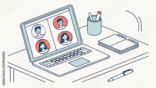 Laptop Displaying Video Conference with Four Participants.