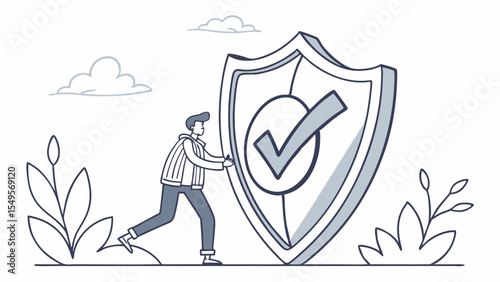 Man Pushing Large Approved Shield Security Concept Illustration.