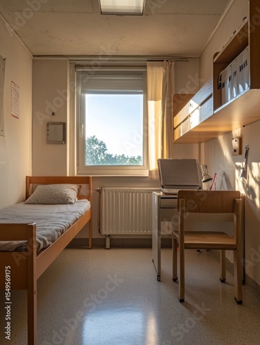 The image shows a basic dormitory room with essential furnishings such as two single beds, a desk, and storage shelves. The space is clean and simple, typical of shared accommodations in educational