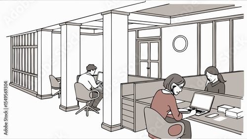 Office Workers at Workstations in a Modern Office.