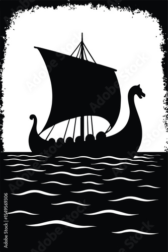 A viking ship sails on the sea, its silhouette isolated on white background