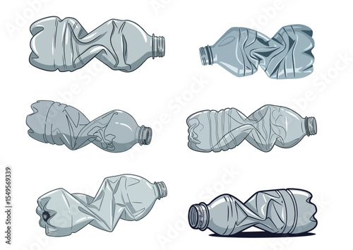Crushed plastic bottle with visible folds and curves in neutral blue-gray palette, flat vector illustration
