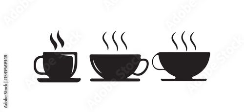 Hot Coffee Mugs, White and Black, Simple Design, tea cups vector icon collection. Cup hot icons design, vector illustration eps 10.