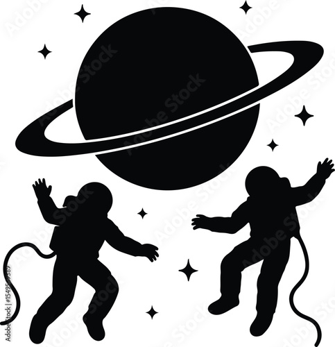 Two astronauts in space suits float near a large planet with rings