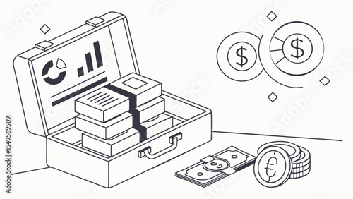 Open briefcase with money dollar coins and euro coins outline.