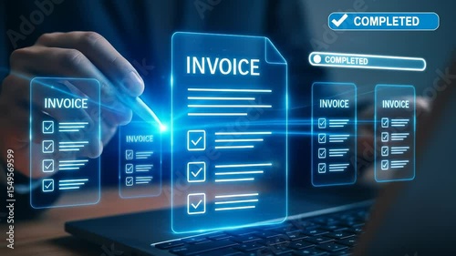 Digital invoice management and electronic document automation for business finance with online payment technology, checklist, completed status, and modern office process management