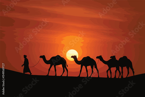 A caravan of camels walking through the desert at sunset