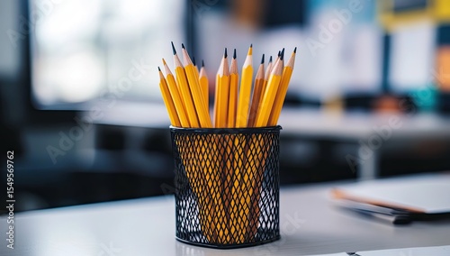 Yellow pencils in a black mesh cup on a white surface