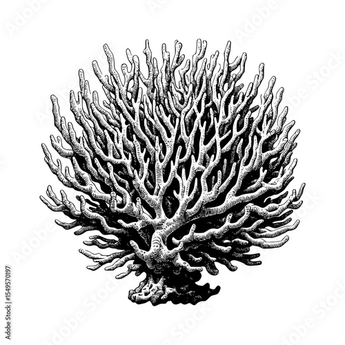 Detailed black and white illustration of a sea fan coral