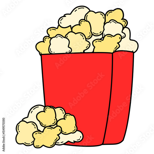 Cartoon-style popcorn in a red box, filled with hand-drawn pop corn kernels. Perfect for snack illustrations, cinema-related designs, or food-themed graphics.