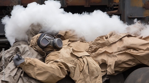 Person in hazmat suit with smoke