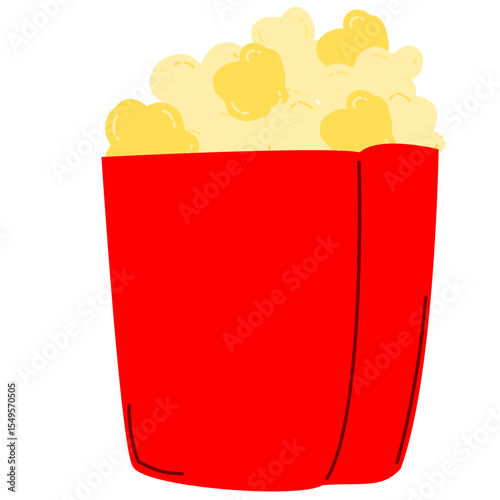 Cartoon-style popcorn in a red box, filled with hand-drawn pop corn kernels. Perfect for snack illustrations, cinema-related designs, or food-themed graphics.