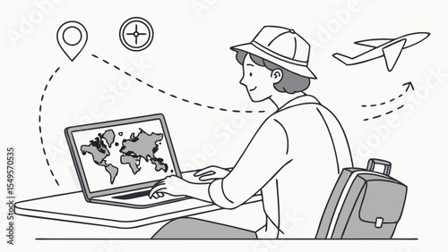 Person Planning a Trip Using Laptop and World Map.
