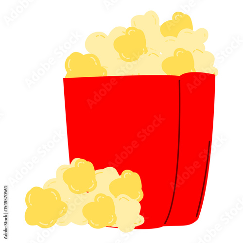 Cartoon-style popcorn in a red box, filled with hand-drawn pop corn kernels. Perfect for snack illustrations, cinema-related designs, or food-themed graphics.
