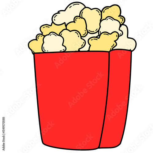 Cartoon-style popcorn in a red box, filled with hand-drawn pop corn kernels. Perfect for snack illustrations, cinema-related designs, or food-themed graphics.