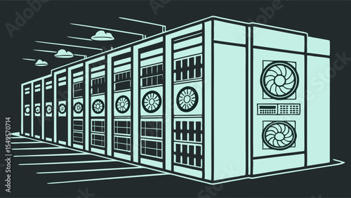 Row of Modern Data Center Servers with Cooling Fans.