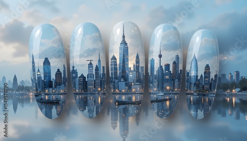 Five creative nail art designs displayed with a city skyline backdrop, showcasing vibrant colors and intricate patterns.